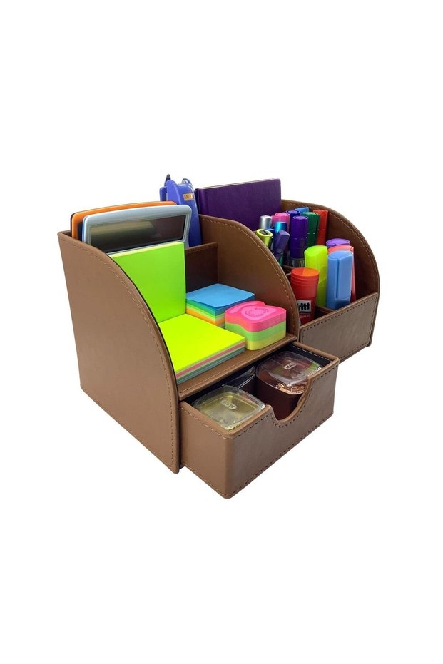 Organizer Table Top Pen Holder with Drawer Leather Tan 27X15X15 cm Dd-1014