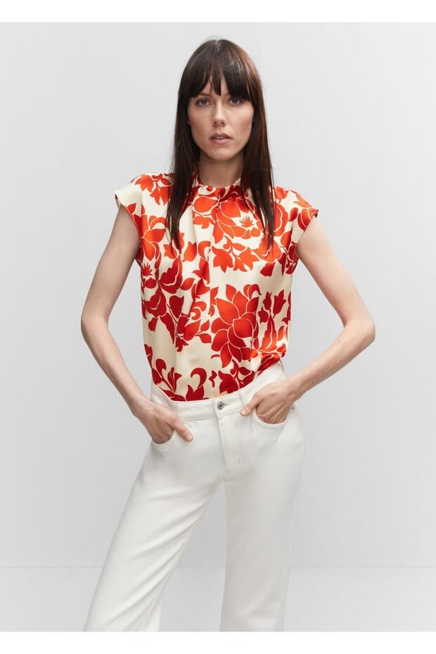 Çiçekli saten bluz - 1