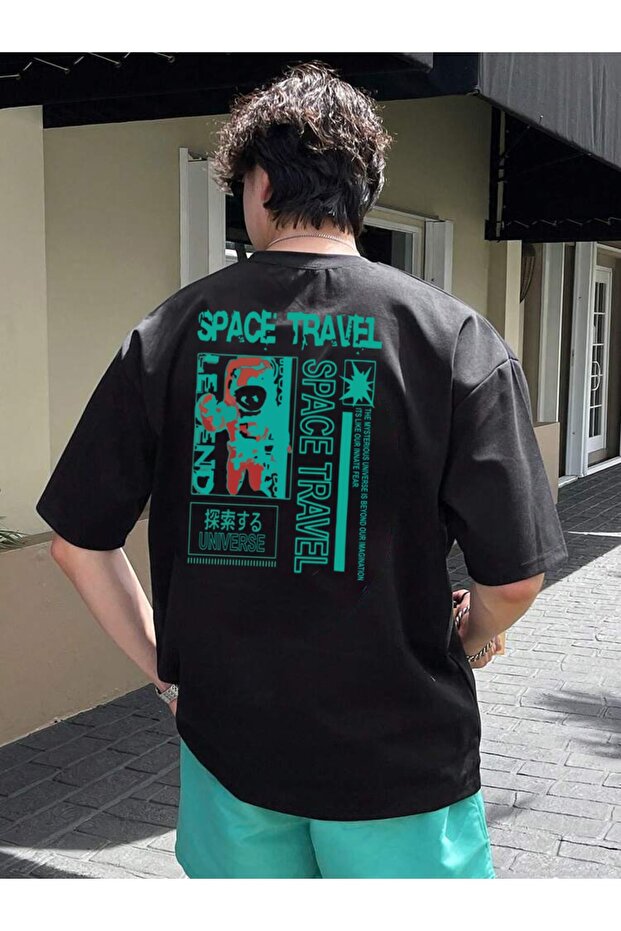 تيشيرت رجالي أسود كبير الحجم مطبوع عليه ظهر SpaceTravel