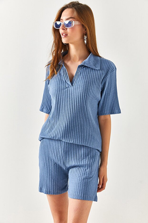 Women's Blue Polo Collar Top Pocket Shorts Ribbed Set TKM-19000197