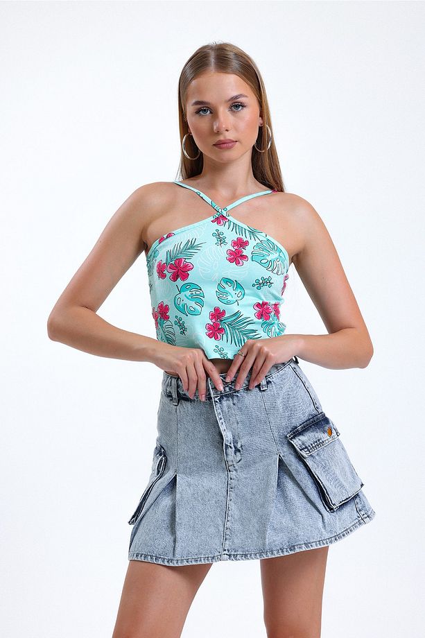 Çapraz Askılı Desenli İnce Crop Bluz IHR-U-2 - 1