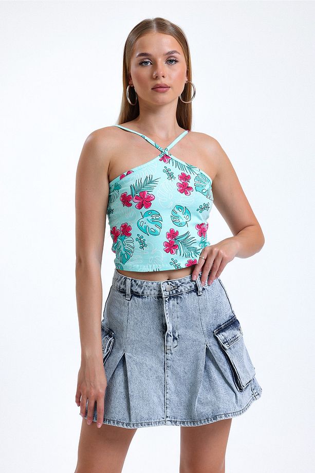 Çapraz Askılı Desenli İnce Crop Bluz IHR-U-2 - 2