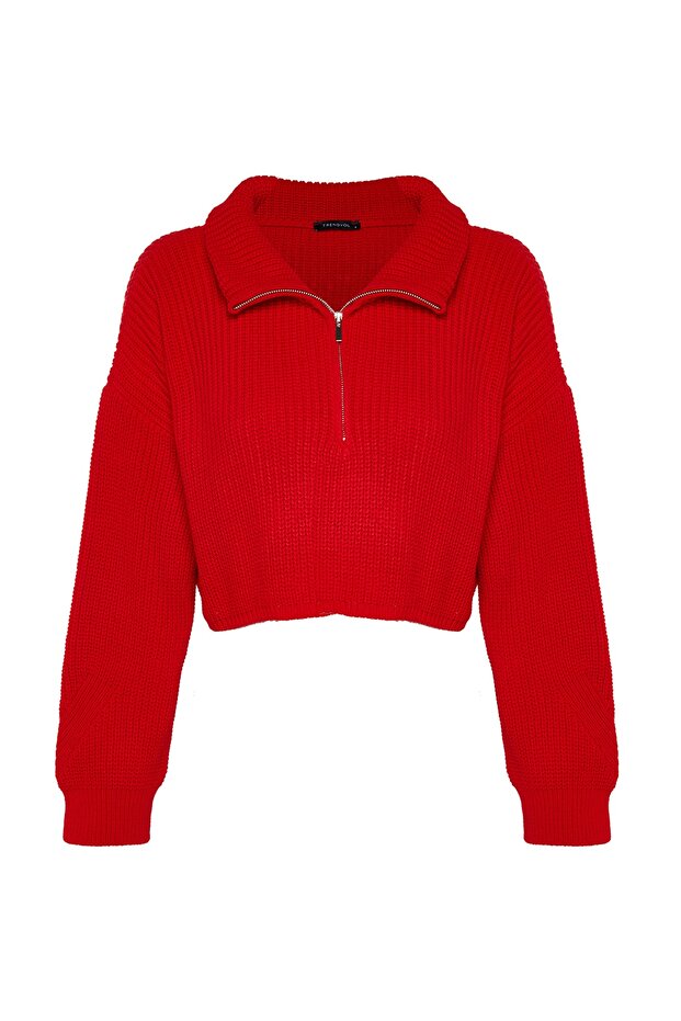 Kırmızı Süper Crop Fermuarlı Triko Kazak TWOAW24KZ00527 - 7