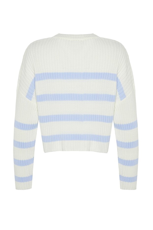 Ekru Crop Geniş Kalıp Çizgili Triko Kazak TWOAW24KZ00295 - 8