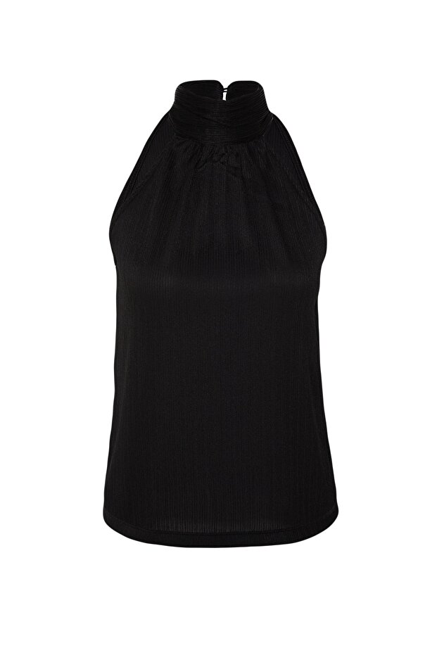 Siyah Regular/Normal Kalıp Dik Yaka Fit Pilise Esnek Örme Bluz TWOSS23BZ00952 - 6