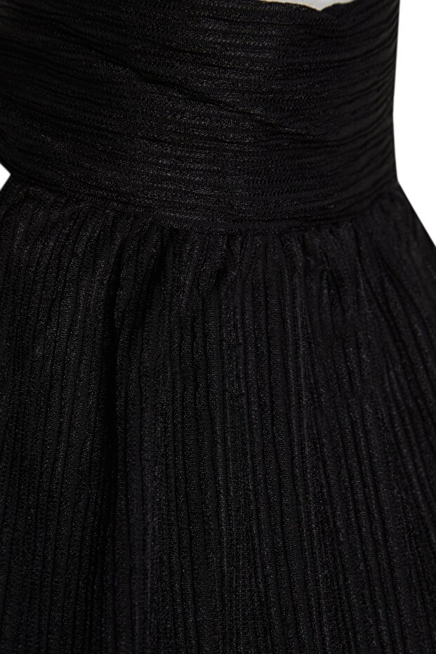 Siyah Regular/Normal Kalıp Dik Yaka Fit Pilise Esnek Örme Bluz TWOSS23BZ00952 - 7