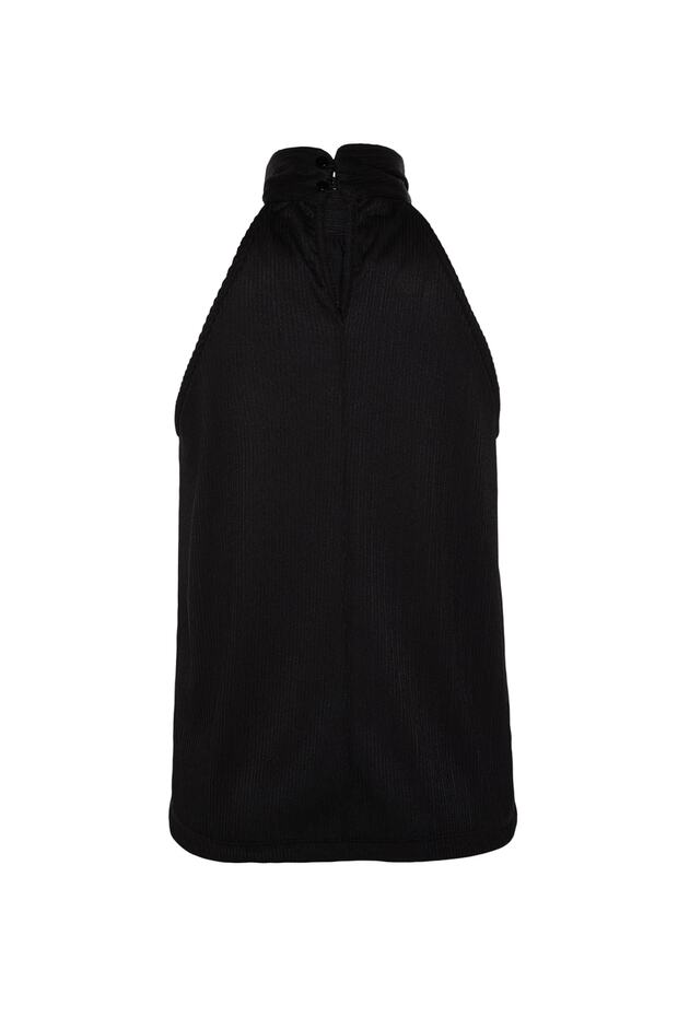 Siyah Regular/Normal Kalıp Dik Yaka Fit Pilise Esnek Örme Bluz TWOSS23BZ00952 - 8