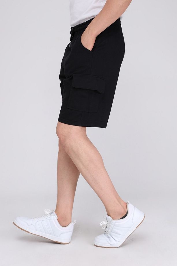 Siyah Kargo Cepli Erkek Oversize Relaxest Lastikli Bağcıklı Bermuda Şort - 6
