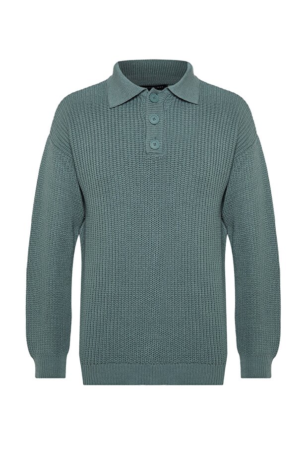 Unisex Petrol Oversize Fit Geniş Kalıp Polo Yaka Tüylenmeyen Basic Triko Kazak TMNAW24KZ00000 - 6