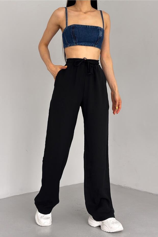 Women's Black New Season Double Pocket Drawstring Waist Modal Fabric Wide Leg Trousers