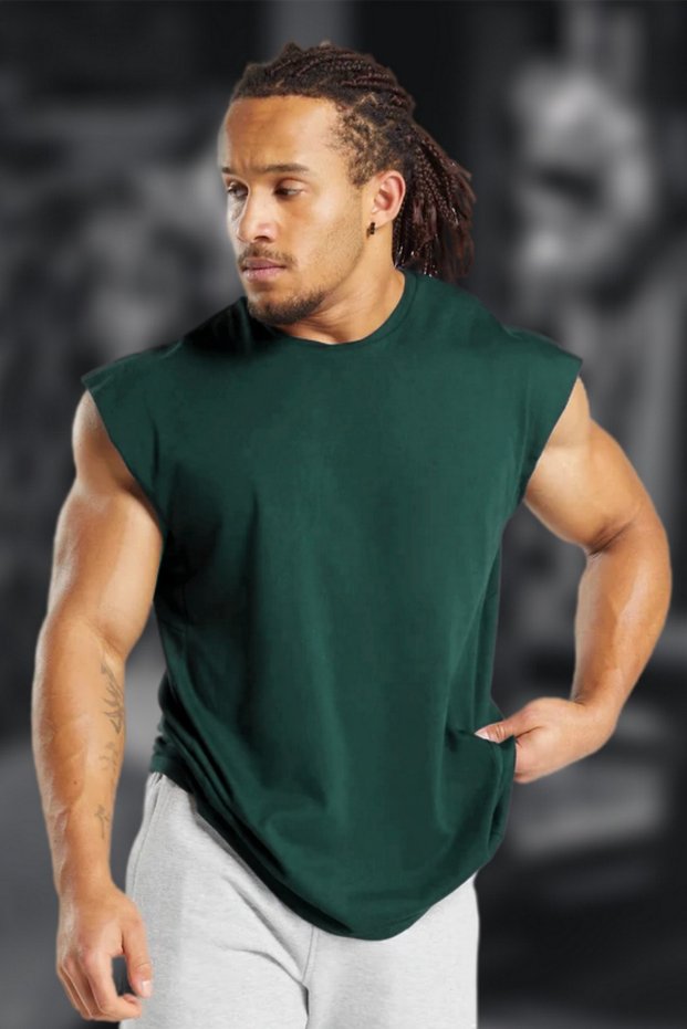 Men's Petrol Green Oversize Crew Neck Cotton Sleeveless T-Shirt/Athlete