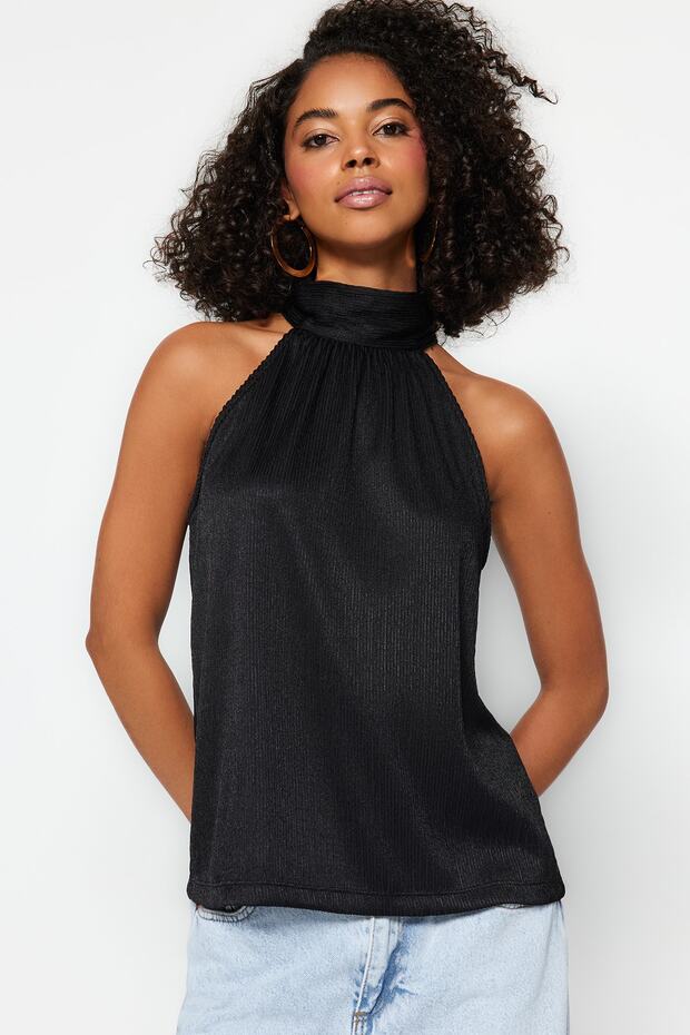 Siyah Regular/Normal Kalıp Dik Yaka Fit Pilise Esnek Örme Bluz TWOSS23BZ00952 - 1