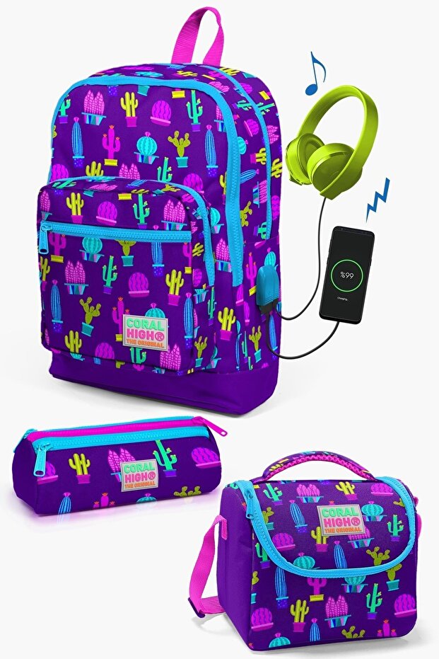 Kids Purple Pink Cactus Patterned 3-Piece School Bag Set with USB0123273