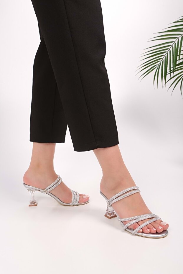 Női Yeda ezüst bőrű kősarkú papucs és cipő - 1