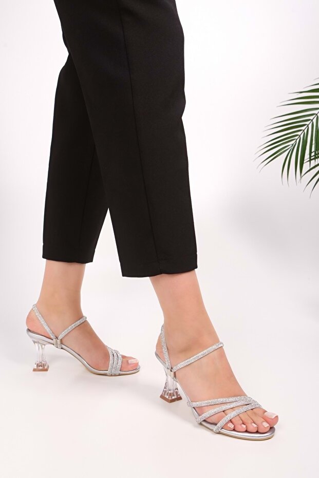 Női Yeda ezüst bőrű kősarkú papucs és cipő - 3