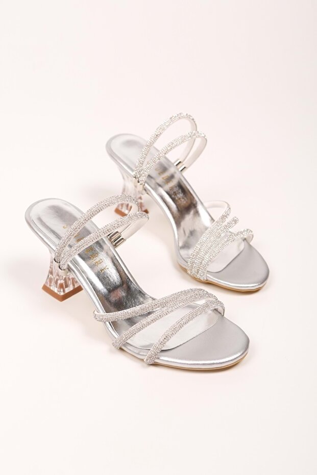 Női Yeda ezüst bőrű kősarkú papucs és cipő - 5