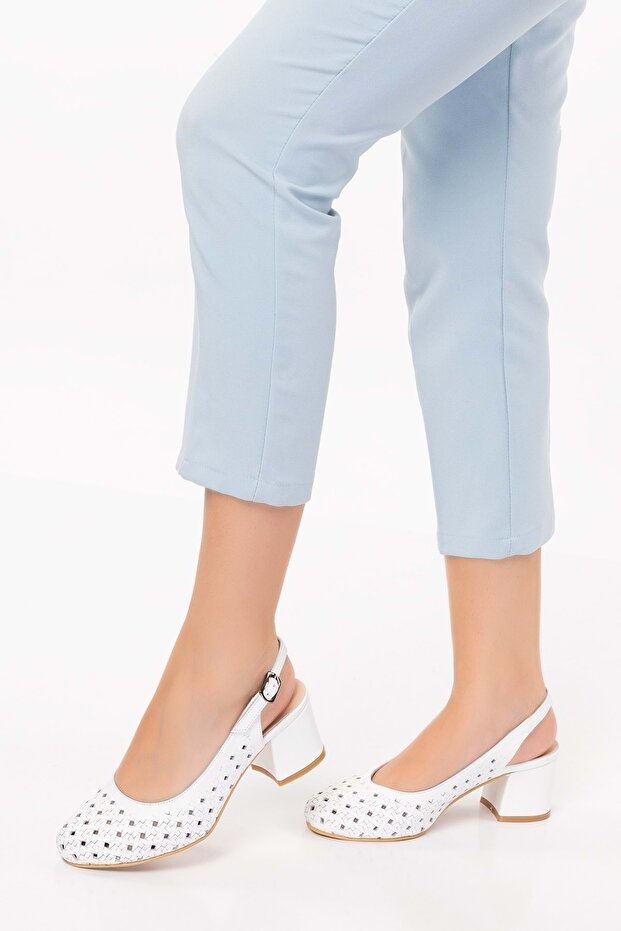 Genuine Leather Laser Cut Stylish Heeled Shoes Şhn.882 - White - 38