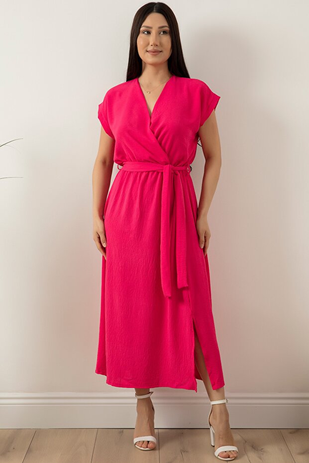 Kruvaze Yaka Kemerli Midiboy Elbise 5227 - 3