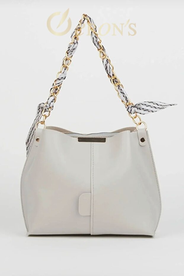 Women's Soft Leather 3-Compartment Handbag, Shoulder Bag with Scarf and Chain Accessories