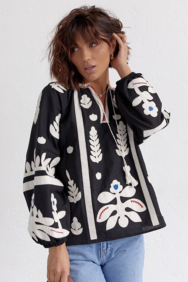 Women's Black Appliqued Embroidered Tassel Blouse