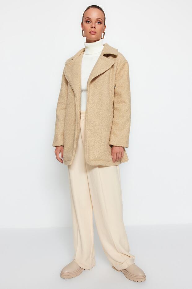 Bej Oversize Geniş Kesim Kuşaklı Buklet Kaban TWOAW24KB00057 - 3