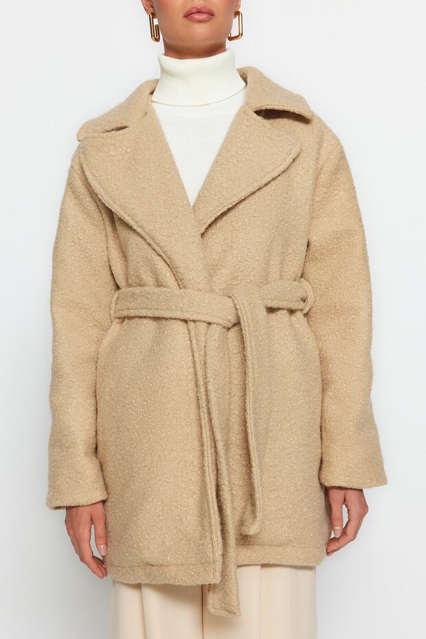 Bej Oversize Geniş Kesim Kuşaklı Buklet Kaban TWOAW24KB00057 - 4