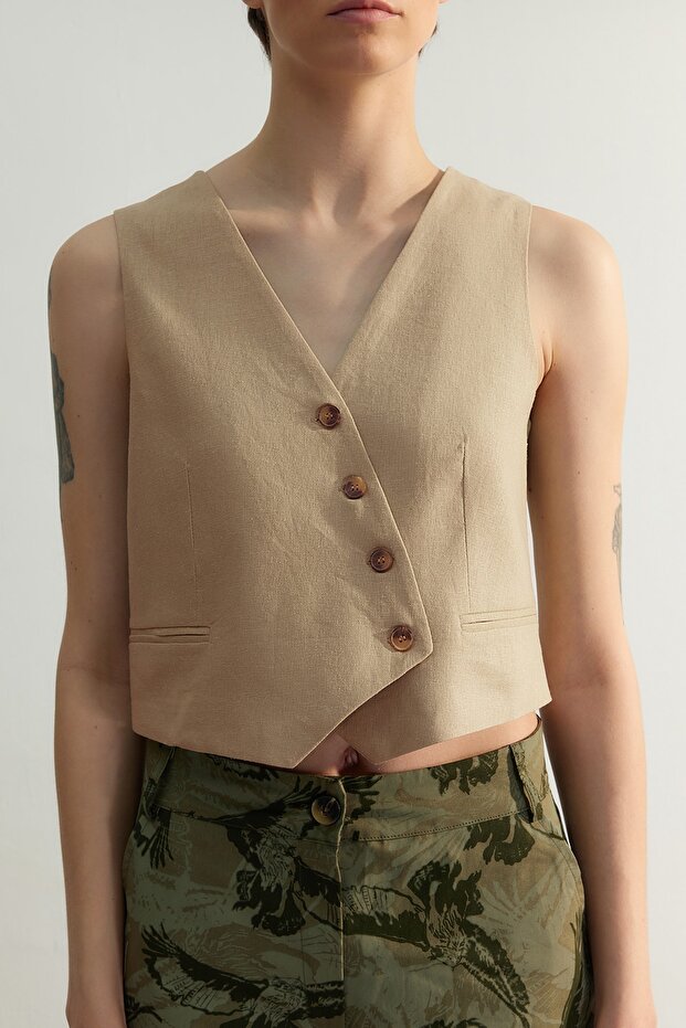Bej Fitted Crop Dokuma Keten Görünümlü Yelek TWOSS23YE00016 - 7