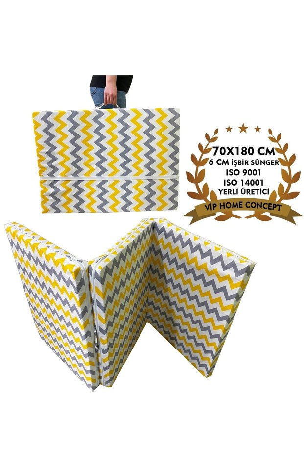 Folding Camping Bed Tent Bed Sponge Bed with Zipper 70x180 Cm 6 Cm-YELLOW GRAY ZIGZAG