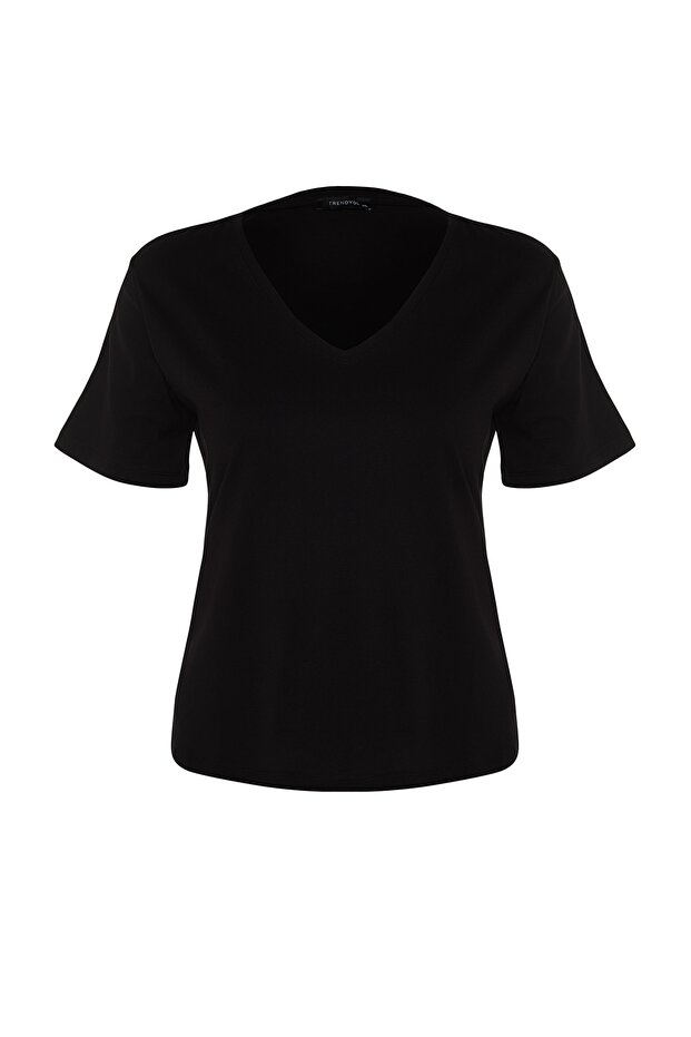 Siyah V Yaka Basic %100 Pamuk Örme T-Shirt TBBSS22BF0028 - 6