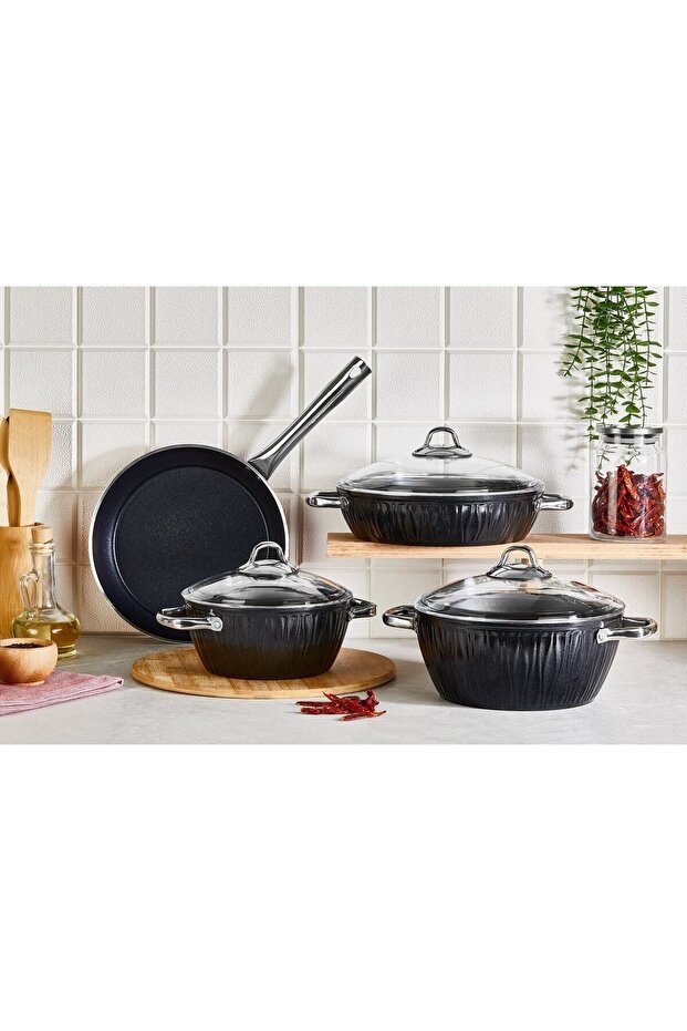 Markiz Alüminyum Granit 7 Parça Tencere Seti Siyah - 1