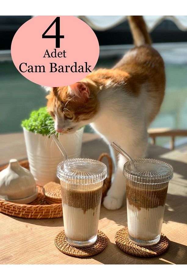 4 Adet 400 ml Cam Kapaklı Pipetli Origami Stil Cam Bardak Kahve Ve Sunum Bardağı Meşrubat Bardağı - 1