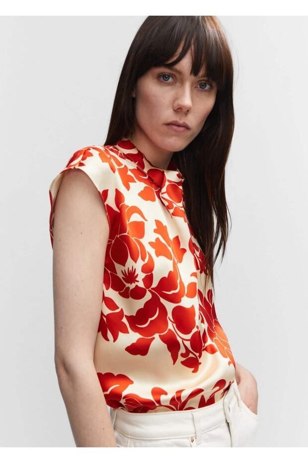 Çiçekli saten bluz - 5