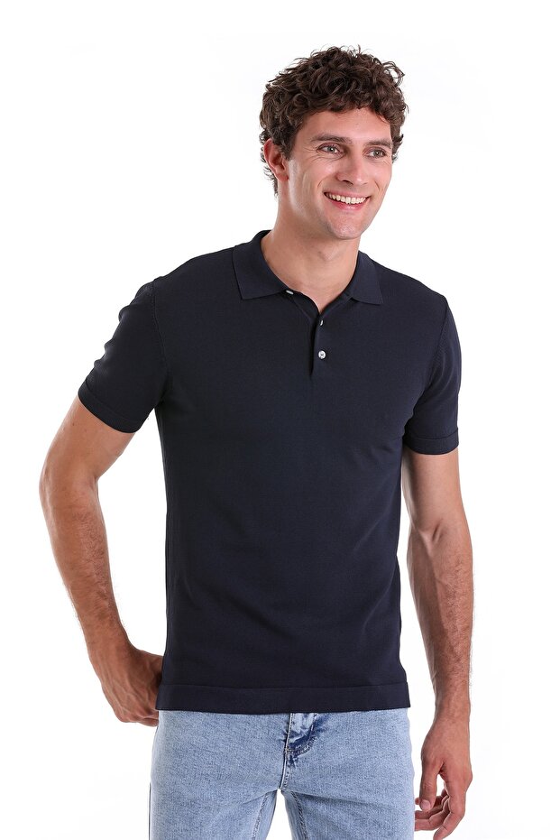 Navy Blue Comfort Fit Plain Polo Collar Rayon Knitwear T-Shirt