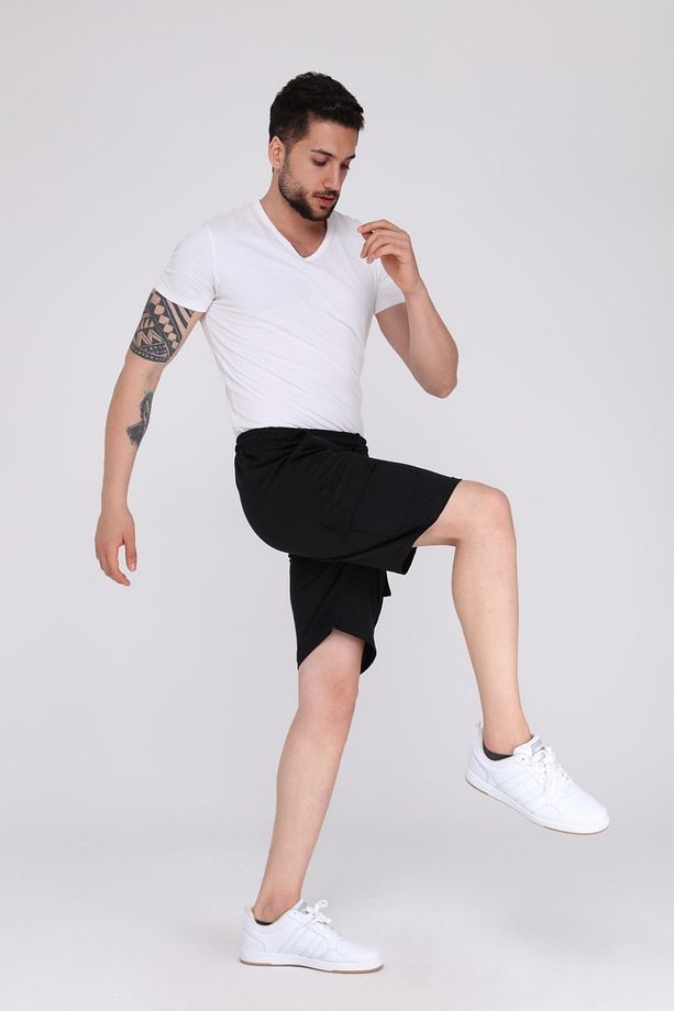 Siyah Kargo Cepli Erkek Oversize Relaxest Lastikli Bağcıklı Bermuda Şort - 3