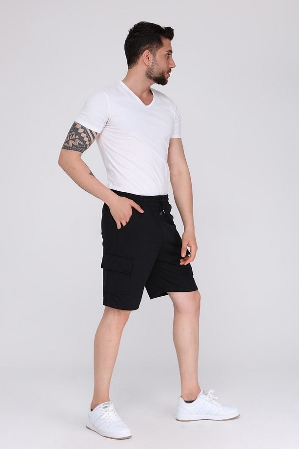 Siyah Kargo Cepli Erkek Oversize Relaxest Lastikli Bağcıklı Bermuda Şort - 4
