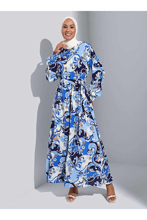 Natural Fabric Ethnic Patterned Hijab Dress - Saxe Navy Blue Floral Pattern -