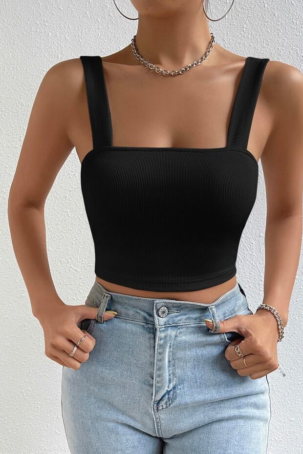 Kadın Siyah Kare Yaka Kalın Askılı Dekolteli Crop Top Bluz - 1