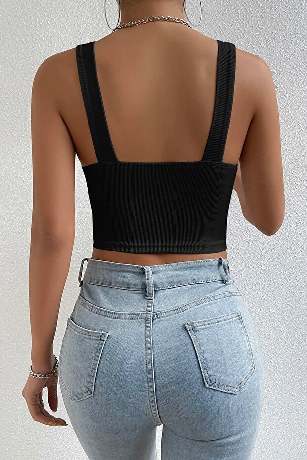 Kadın Siyah Kare Yaka Kalın Askılı Dekolteli Crop Top Bluz - 2