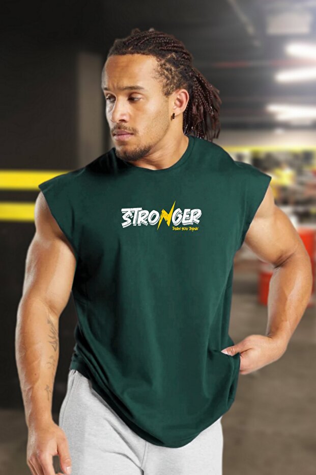 Men's Stronger Printed Petrol Oversize Crew Neck Cotton Sleeveless T-Shirt/Atlet