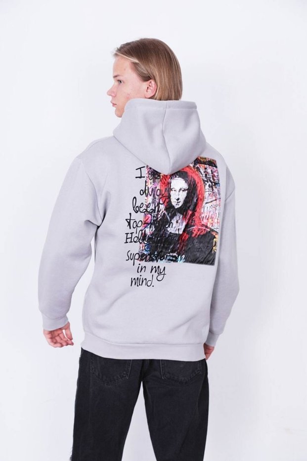 Mona Lisa Back Embroidery Printed Ribbon Hooded Zippered Cardigan