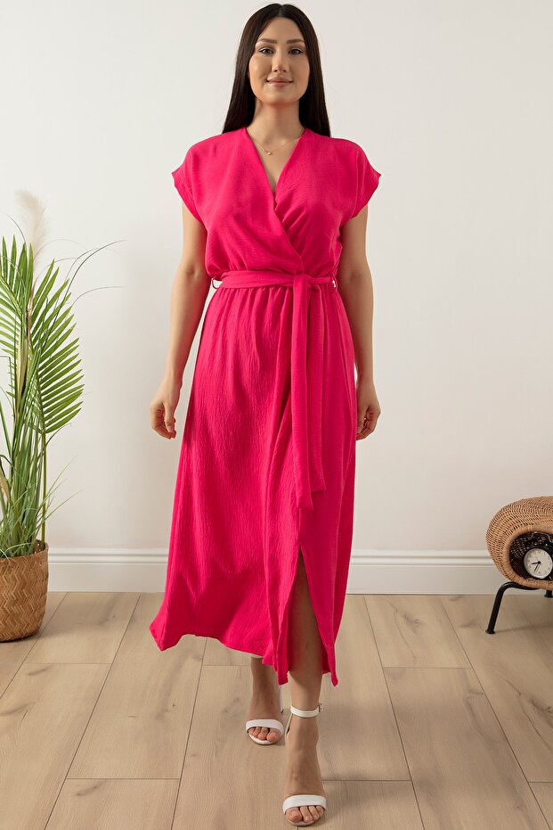 Kruvaze Yaka Kemerli Midiboy Elbise 5227 - 1