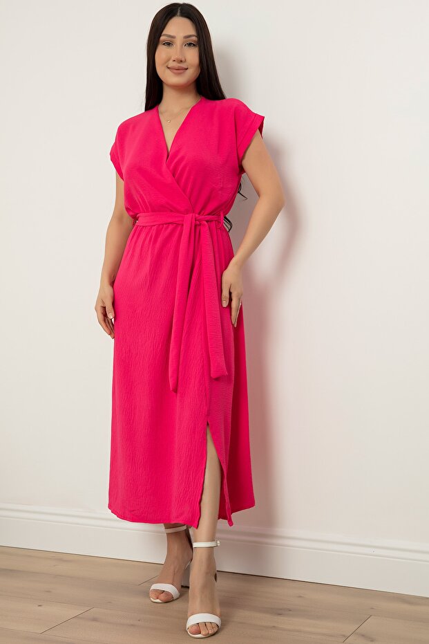 Kruvaze Yaka Kemerli Midiboy Elbise 5227 - 5