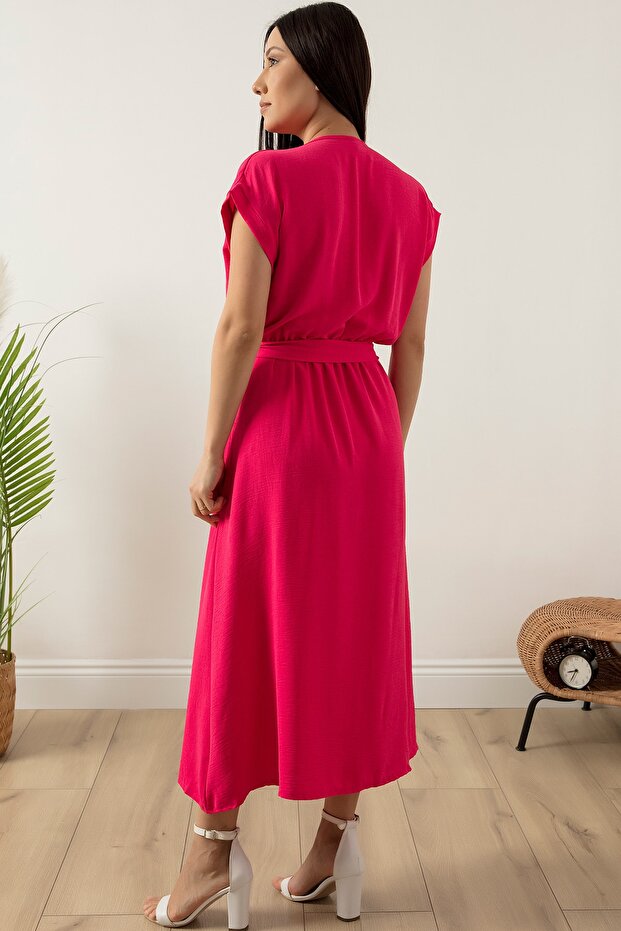 Kruvaze Yaka Kemerli Midiboy Elbise 5227 - 6