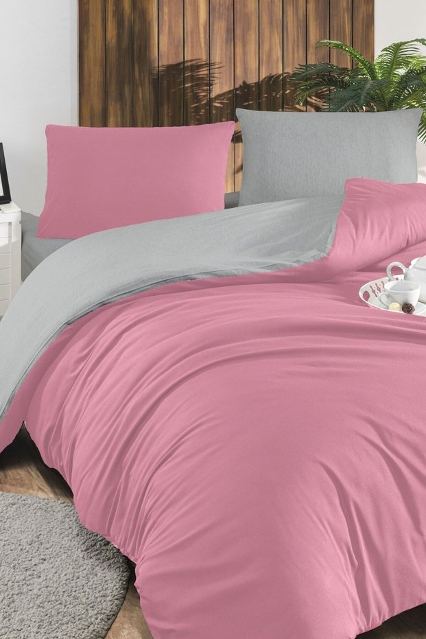 90X190 Elastic Sheet Solid Color Duvet Cover Set Single Gray-Pink