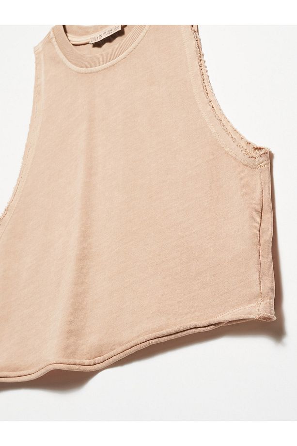 20676 Yıkamalı Crop Top-Bej - 3