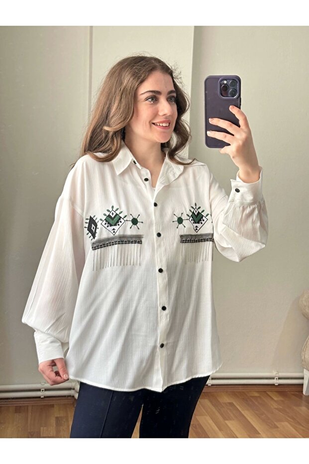 Nakış Ve Boncuk Detaylı Gömlek - 1