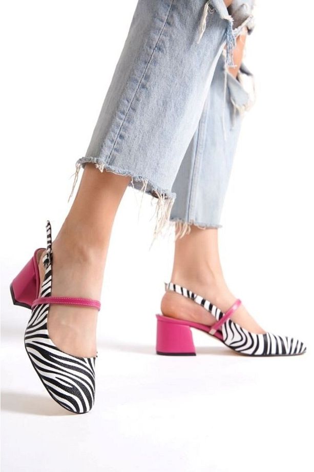 "FABRİ" Zebra-Fuşya - 5cm Kalın Topuk Geniş Burunlu Topuklu Ayakkabı - 4