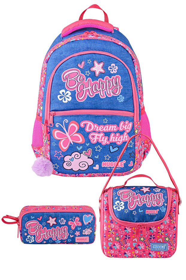 Denim Jeans Pink Blue Three Compartment School Backpack Lunch Box Pencil Bag Set of 3