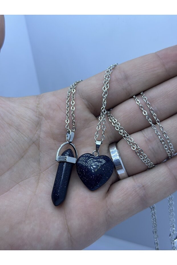 Natural Navy Blue Star Stone Heart and Nail Necklace