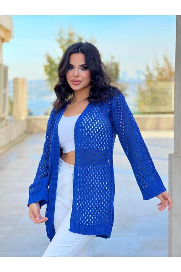 KADIN TRİKO FİLELİ DELİKLİ OVERSİZE HIRKA - 2